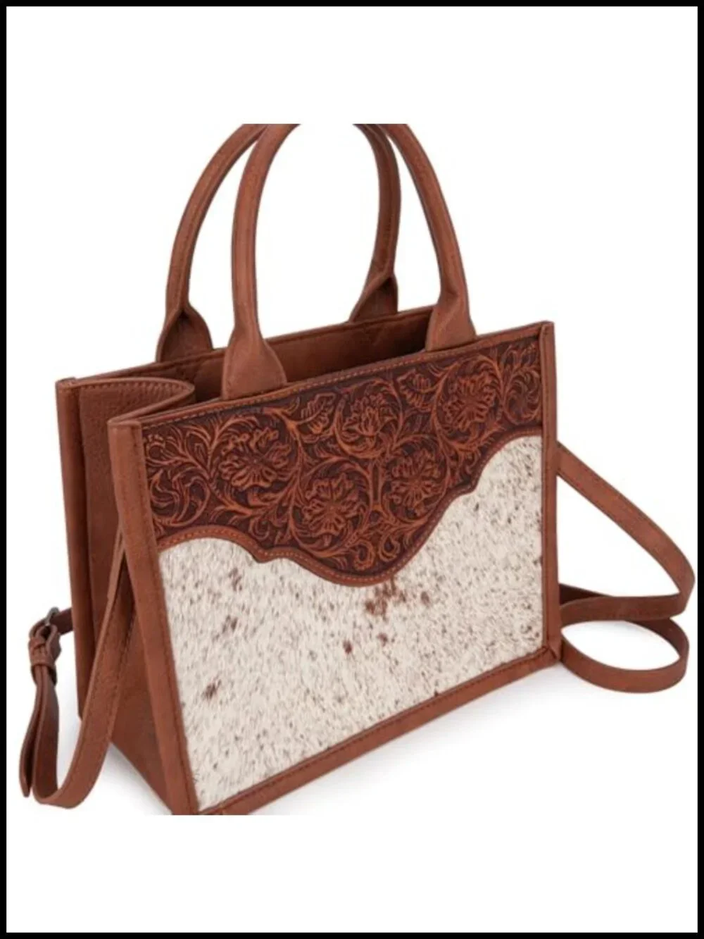 Genuine Hair-On Cowhide Floral Tooled Tote Bag, Top Zipper, Pockets
